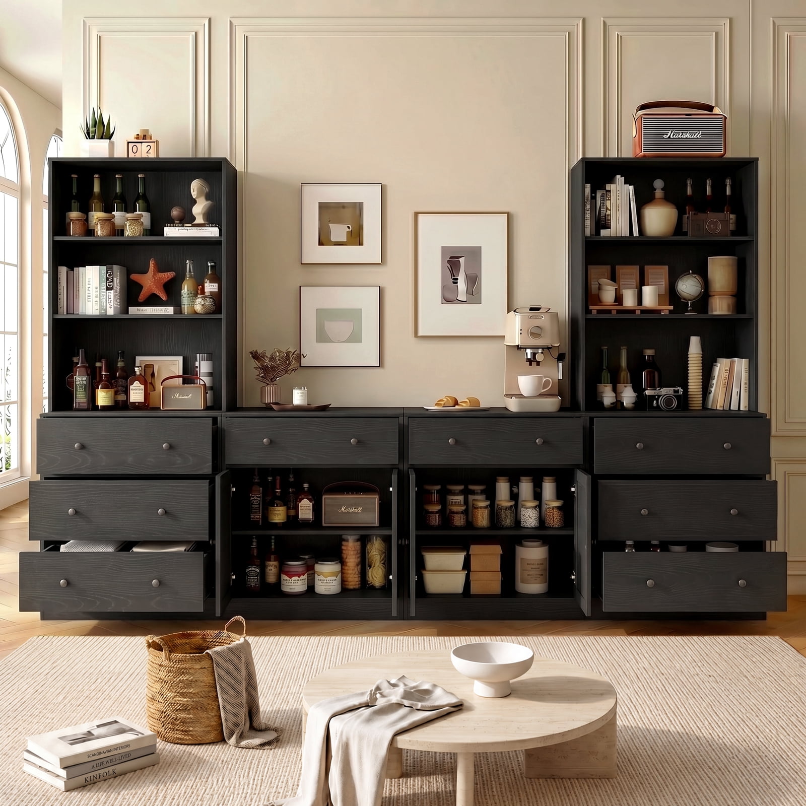 RichYa Kitchen Pantry Storage Cabinets,94.4''W Modular Furniture Cabinets with Hutch,Sideboard Buffet Cabinet with Doors and Shelves for Dining Room,Living Room,Black
