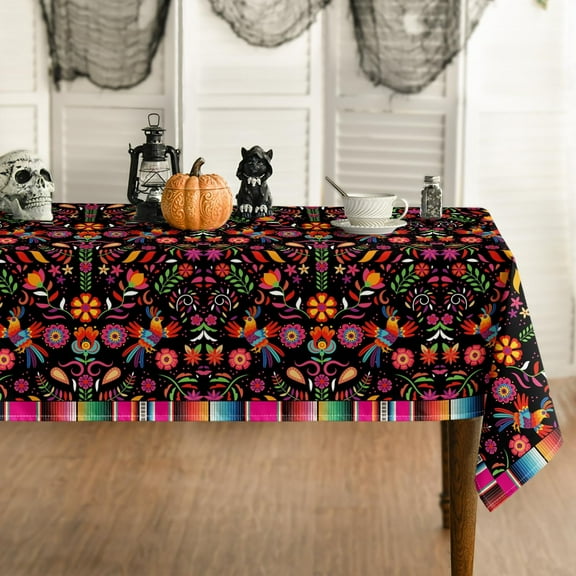 Mexico Tablecloth 60x84 Inch Rectangular, Halloween Cinco De Mayo Fiesta Design Black Stripes Washable Seasonal Table Cover for Party Picnic Dinner Decor