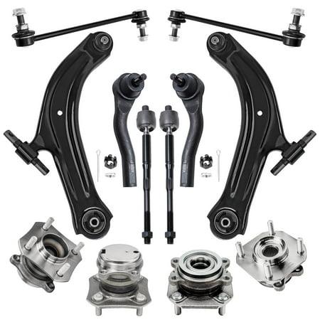 Detroit Axle - Front Rear Wheel Bearing Hub Assembly + Front Lower Control Arms + Inner And Outer Tie Rods + Sway Bar Links Replacement For 2007-2012 Nissan Sentra [2.0 L; 4 Wheel ABS] - 12pc Set