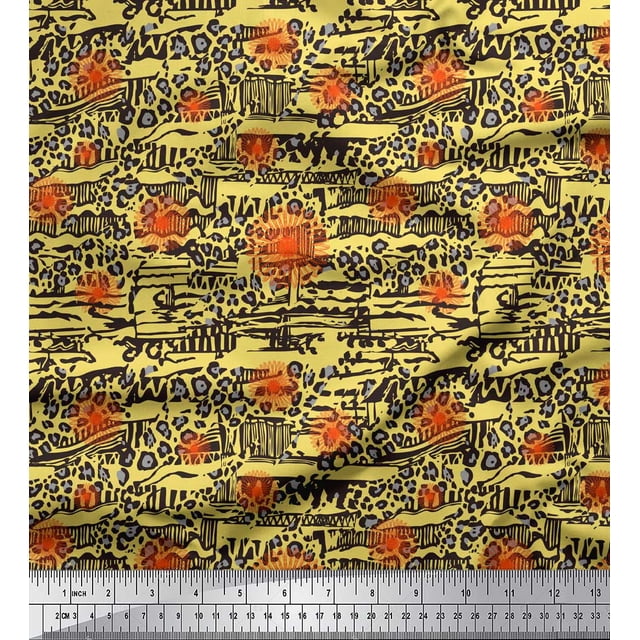 Soimoi Yellow Rayon Fabric Floral & Leopard Animal Skin Print Fabric by the Yard 56 Inch Wide
