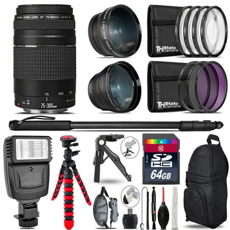 Image of Canon EF 75-300 III - 3 Lens Kit + Slave Flash + Tripod - 64GB Accessory Bundle