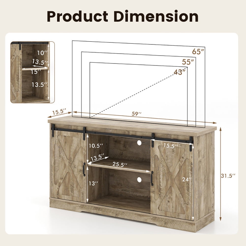 Finihen TV Stand, TV Cabinet, Farmhouse Entertainment Center with Adjustable Shelves and Storage Cabinet, Media Entertainment Center with Storage, for Living Room, Bedroom, Gray
