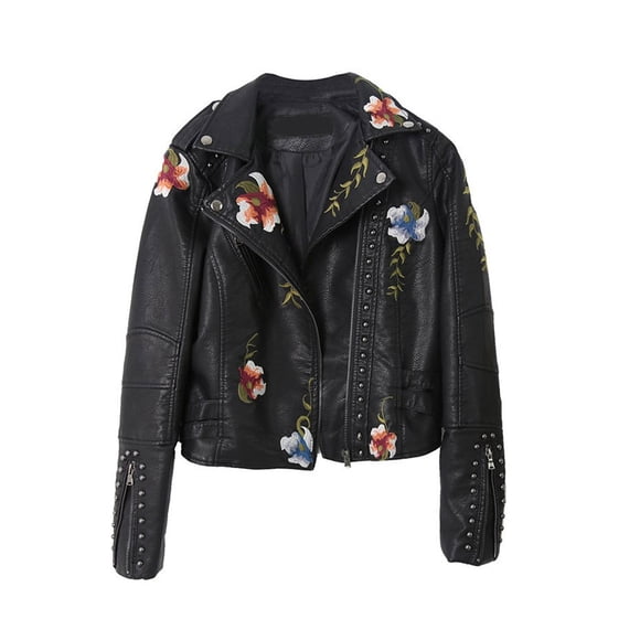 Xingzhi Women Retro Print Embroidery Faux Jacket Rivet Coat Streetwear PU Leather Motorcycle Moto Biker Punk Outerwear Black L