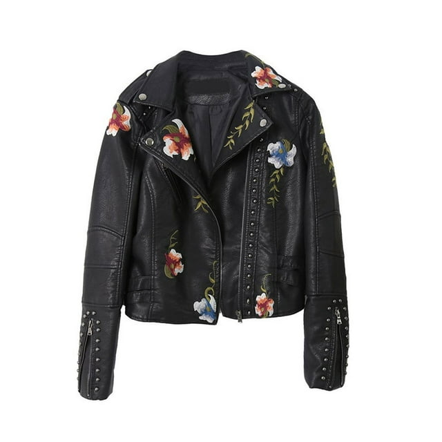 Qarigey Chaqueta bordada con estampado Floral, abrigo con cremallera para mujer, manga de motorista para motocicleta, prendas de vestir exteriores Abrigos y chamarras Negro XXL Qarigey AP019009-05