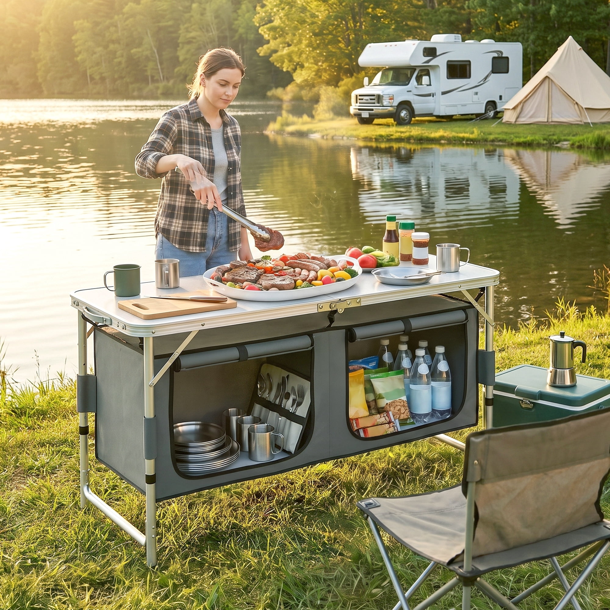 Ozark Trail Durable Steel and Aluminum Table and Stools, Open Dims
