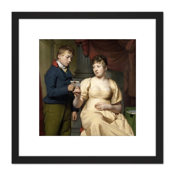 Vermeer The Love Letter Boy Woman Painting 8X8 Inch Square Wooden Framed Wall Art Print Picture with Mount