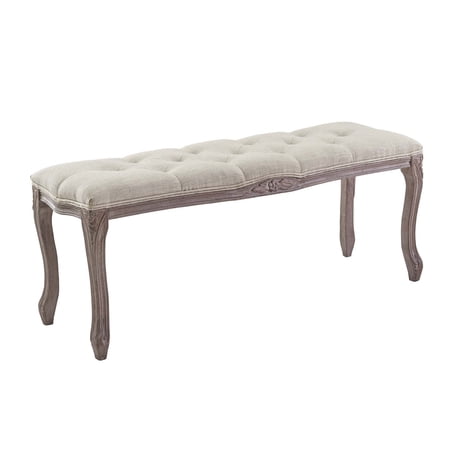 Industrial Country Cottage Farm Beach House Living Room Lounge Club Lobby Accent Chair Bench, Vintage Style, Fabric Wood, Beige
