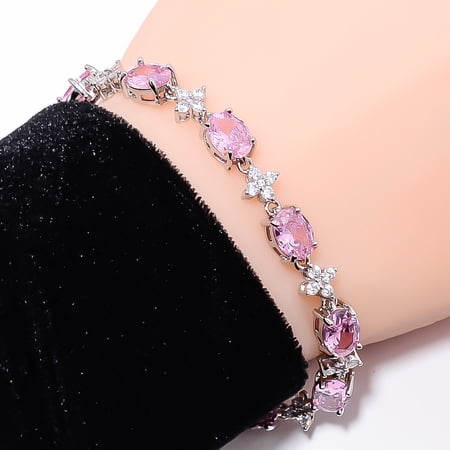 Pink Sapphire -Simulated, CZ 925 Sterling Silver Adjustable Bracelet 7-8" B3929