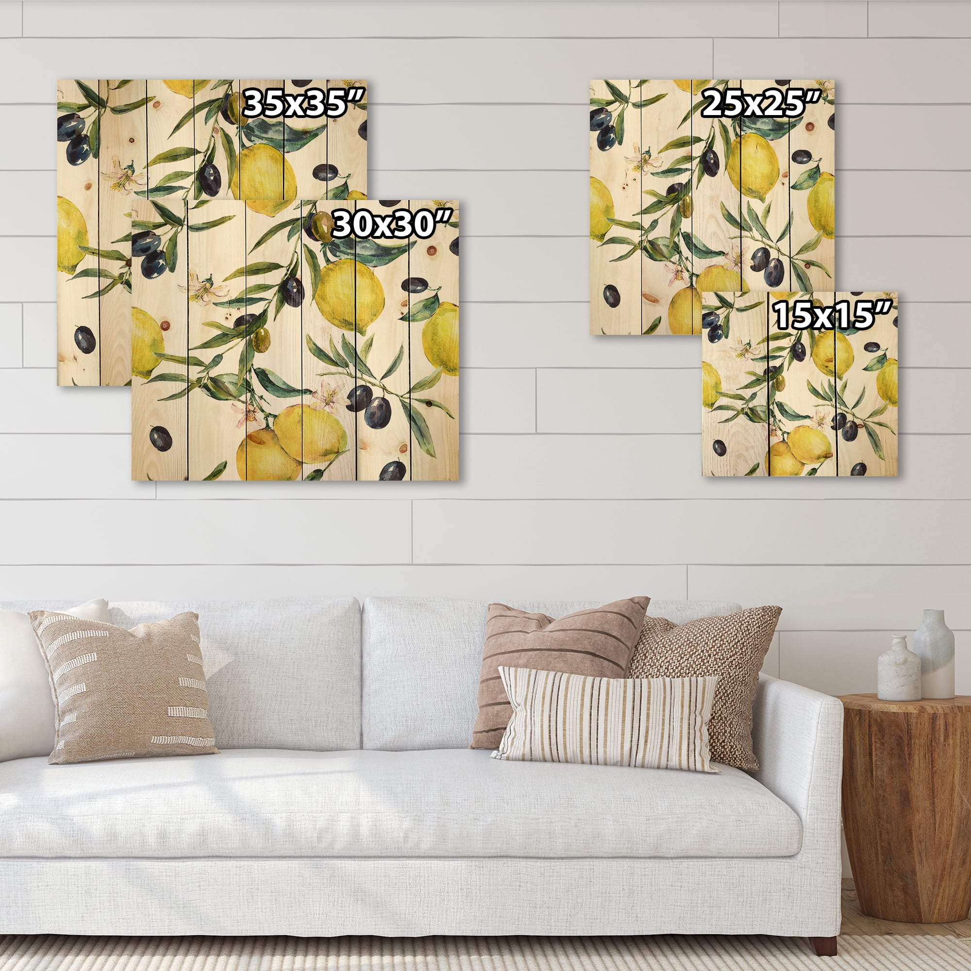 Designart 'Olive and Lemon Branches II' Tropical Print on Natural Pine Wood