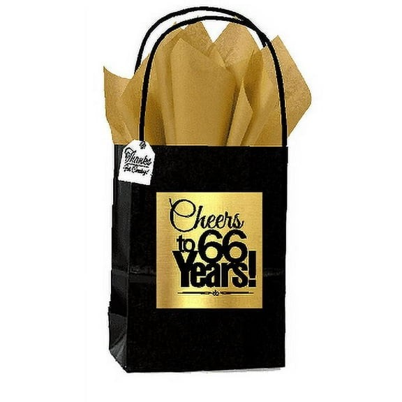 Black & Gold 66th Birthday / Anniversary Cheers Themed Small Party Favor Gift Bags with Tags -12pack