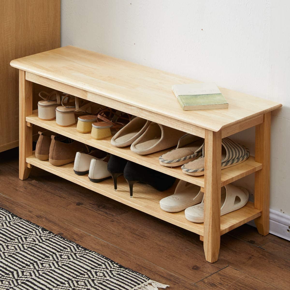 Home Indoor Bedroom Storage Space Organizer 3-Tier Natural Wood Shoe Shelf Rack