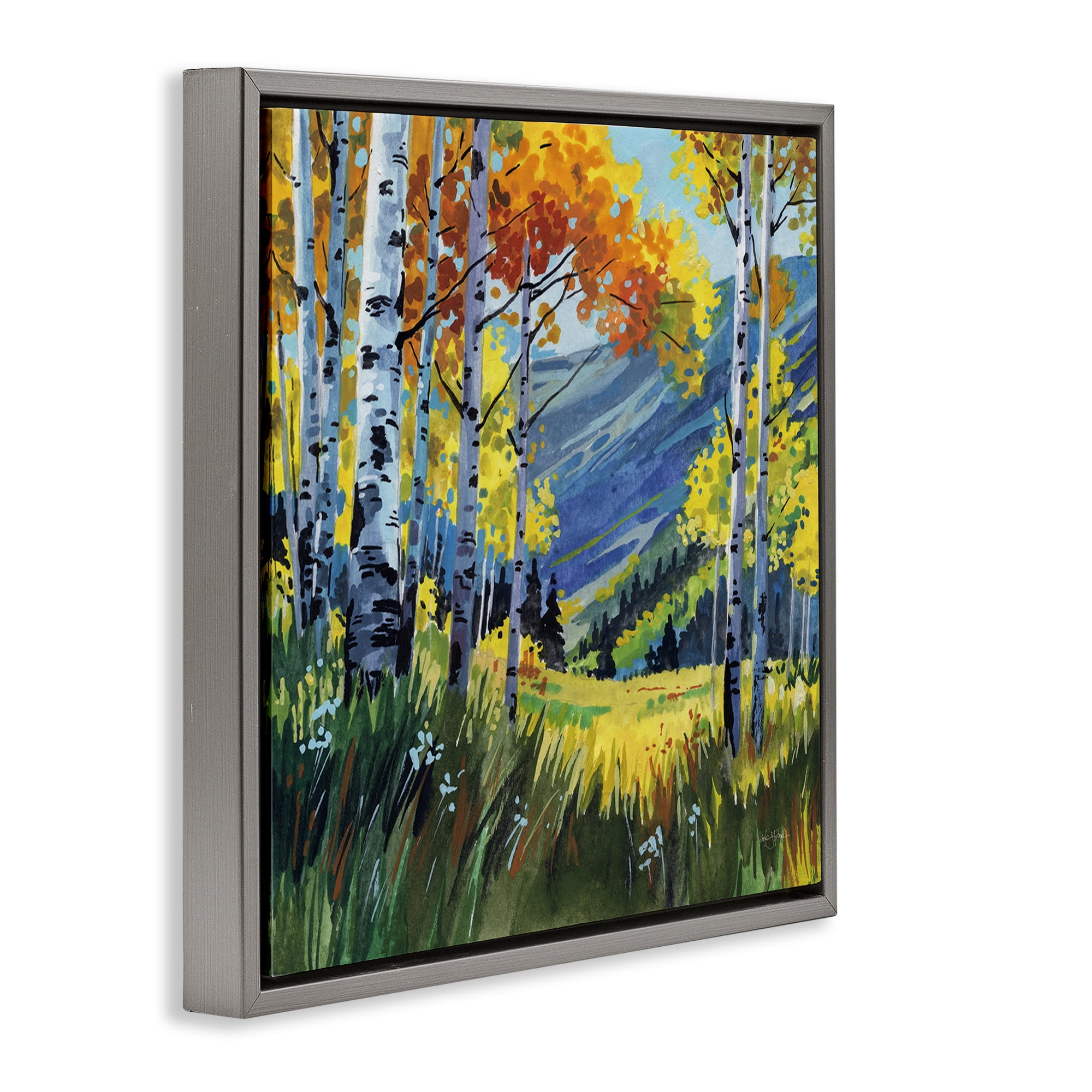 Stupell Industries Autumn Golden Birch Grove Gray Framed Floater Canvas Wall Art, design by Kate Jarvik Birch