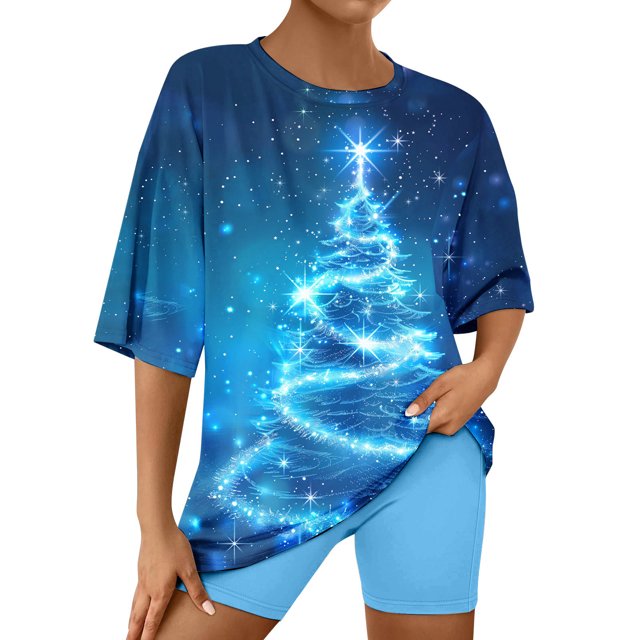 Puntoco Conjunto de pijama cómodo para mujer, conjunto de camiseta y pantalones cortos de manga corta con cuello redondo y estampado navideño para mujer, ropa para el hogar