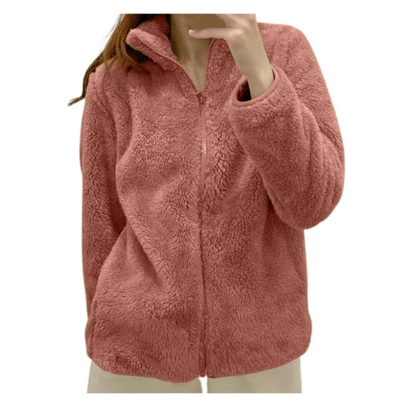 Razzly Women's Solid Color Jacket Collar Zip Up Cozy Outerwear Flannel Jackets for Women Zip up Jackets for Women Casual Zipper Sweaters for Women No Hood Purdue Jacket Maternity plus(Hot Pink,XL)