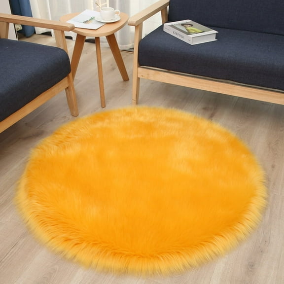 FUDAKUNA Yellow Fluffy Shaggy Rug 32"x32" Round Soft Plush Faux Sheepskin Non Slip Backing Carpet