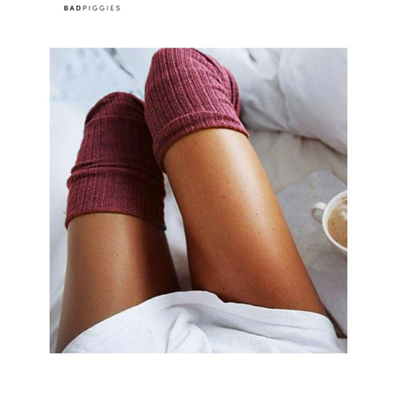 BadPiggies 2 Pairs Women Thigh High Socks Autumn Winter Over Knee Long Boot Warm Cable Knit Elastic Stockings (Wine Red)