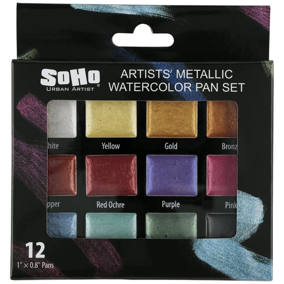 SoHo Urban Artist Metallic Watercolors Set – 12 Vibrant Metallic Half Pans in Travel Case – Professional Shimmer Watercolor Paint Set for Artists, Crafters & Mixed Media