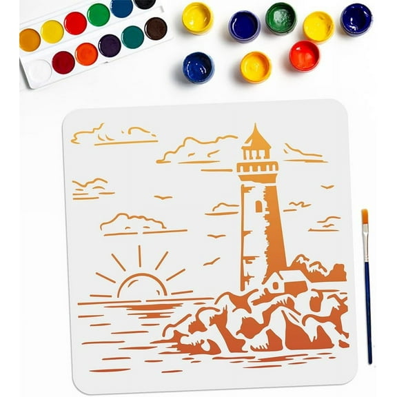 Lighthouse Stencil Sea Ocean Nautical Stencil 11.8×11.8inch with Paint Brush Sun Cloud Coast Reef Sea Wave Pattern Reusable Painting Template for Walls Crafts Wood Canvas Paper