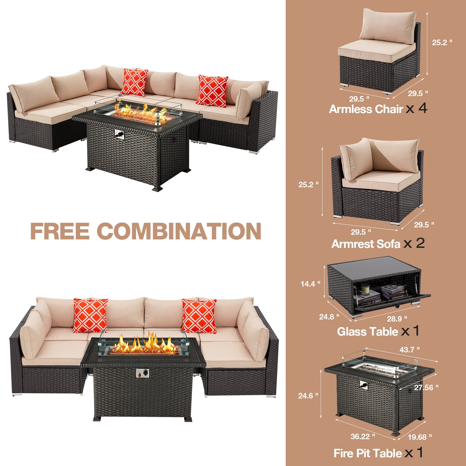 HUGIEE 7 Pieces Patio Furniture Wicker Sofa Outdoor Sectional Sets with 44-Inch 50,000 BTU Gas Fire Pit Table Auto-Ignition Propane Fire Pit Table, Khaki
