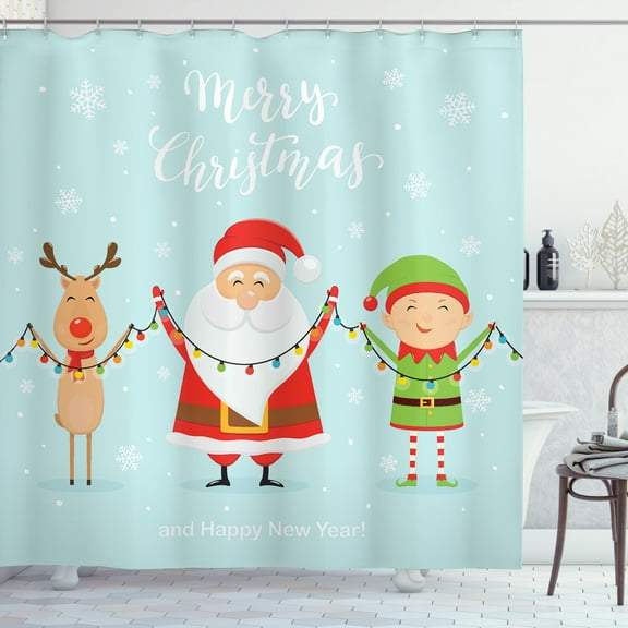 Ambesonne Elf Shower Curtain, Characters Holding Ornaments, 69"Wx84"L, Pale Blue and Multicolor