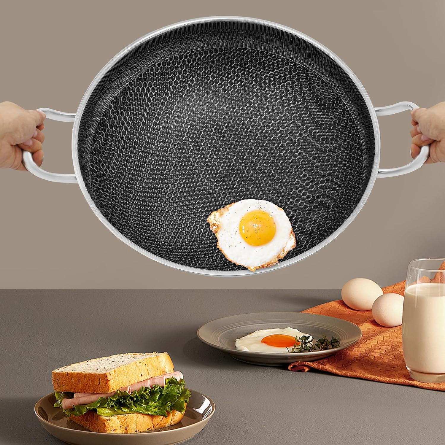 Stainless Steel Frying Pot, 14-Inch Honeycomb Wok Pan with Tempered Glass Lid – Non-Stick & Scratch-Resistant for Gas/Induction/Electric Stoves
