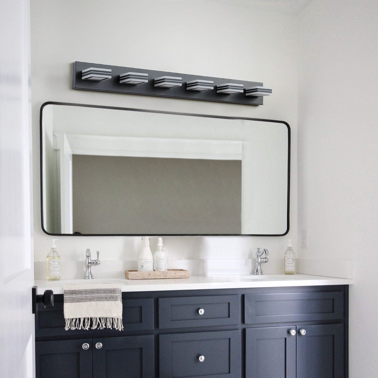 39 Inch Modern Black 6-Light LED Vanity Light Fixture, Square Acrylic Shade Wall Mount Bathroom Mirror Lighting, Hardwired