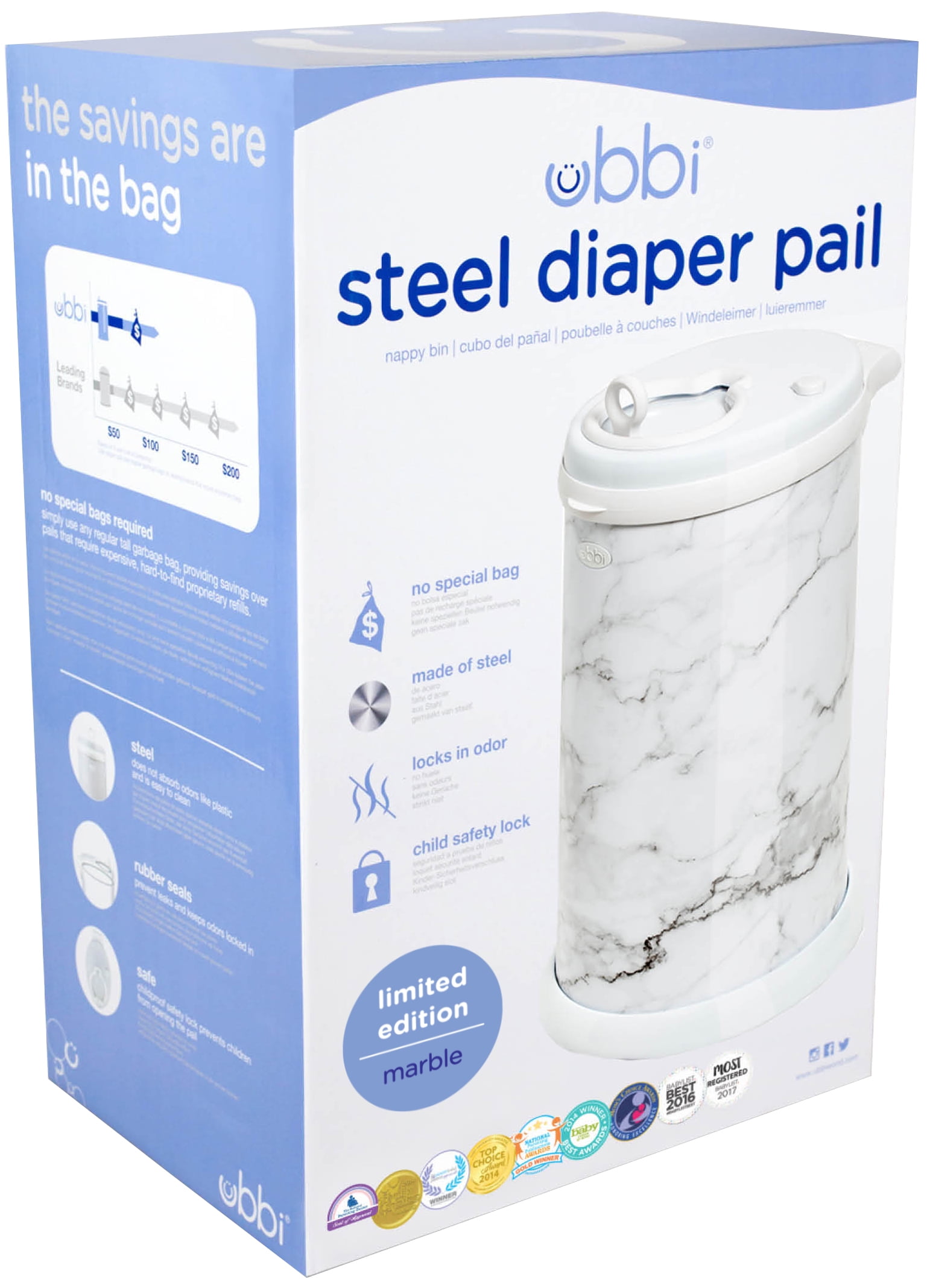 Ubbi Stainless Steel Diaper Pail, Odor Locking, No Special Bag Required, Award-Winning, Registry Must-Have, Marble