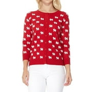 YEMAK Women's Cute Dog Pattern 3/4 Sleeve Crewneck Button Down Cardigan Sweater MK3675-RED/IVORY-S