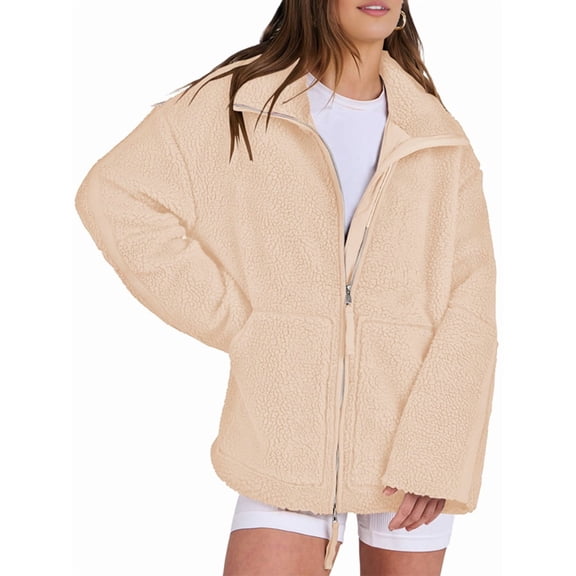 Osfvolr Womens Jacket Oversized Zip Up High Collar Long Sleeves Fuzzy Casual Winter Fall Coats with Pockets Khaki S