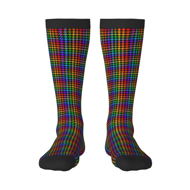 Fotbe Rainbow Houndstooth Calcetas Divertidas Estampadas para Hombre y Mujer, Calcetas de Algodón hasta la Rodilla para Caminar, Correr, Enfermería y Embarazo