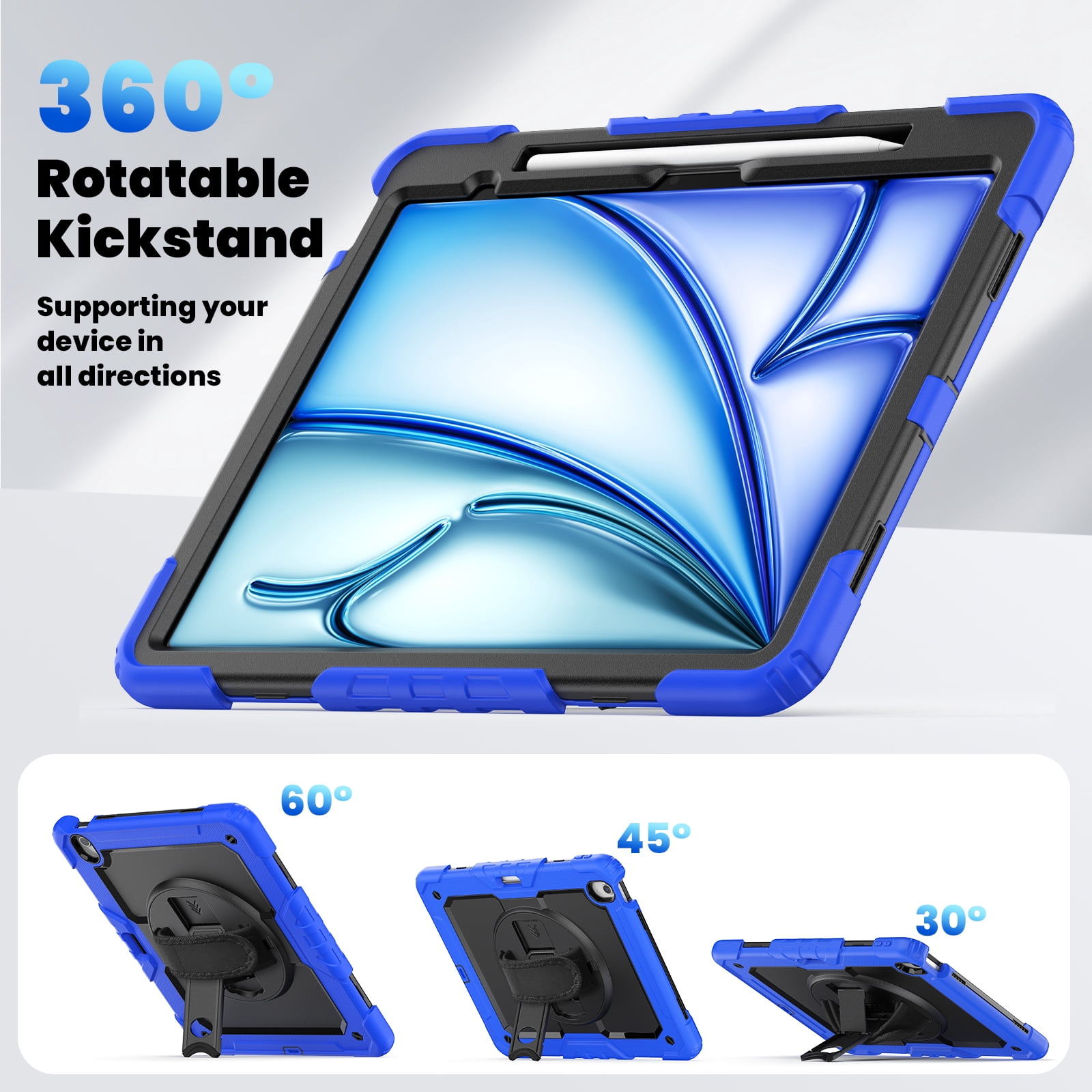 Allytechgroup iPad Air 13 2024 Case with Screen Protector / Shoulder Strap/ Pencil Holder, Heavy Duty Shockproof Rugged Handle Kickstand Bumper Case Cover for Apple iPad Air 13 Inch 2024 M2,Blue