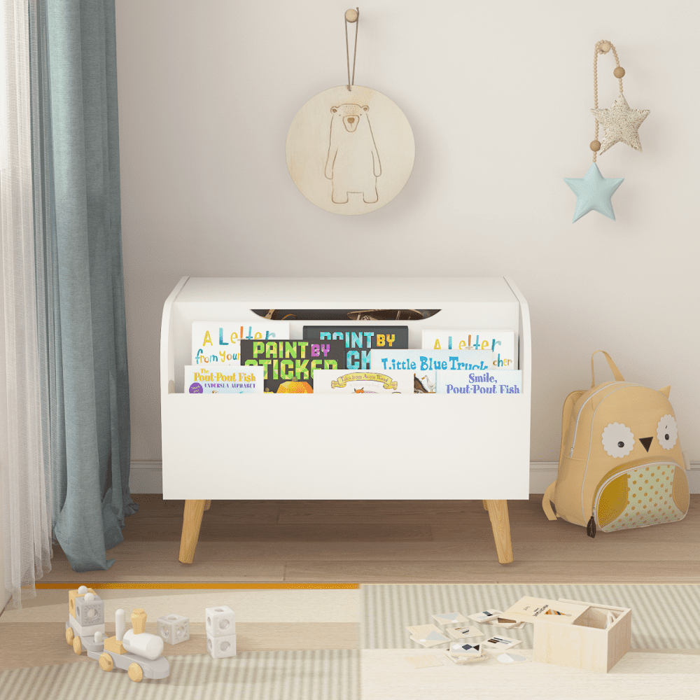 Tcbosik Storage Chest with Front Bookshelf, Modern Wood Toy Box Organizer with Safety Hinge and Flip-Top Lid, Entryway Storage Bench, Easy Assembly, White
