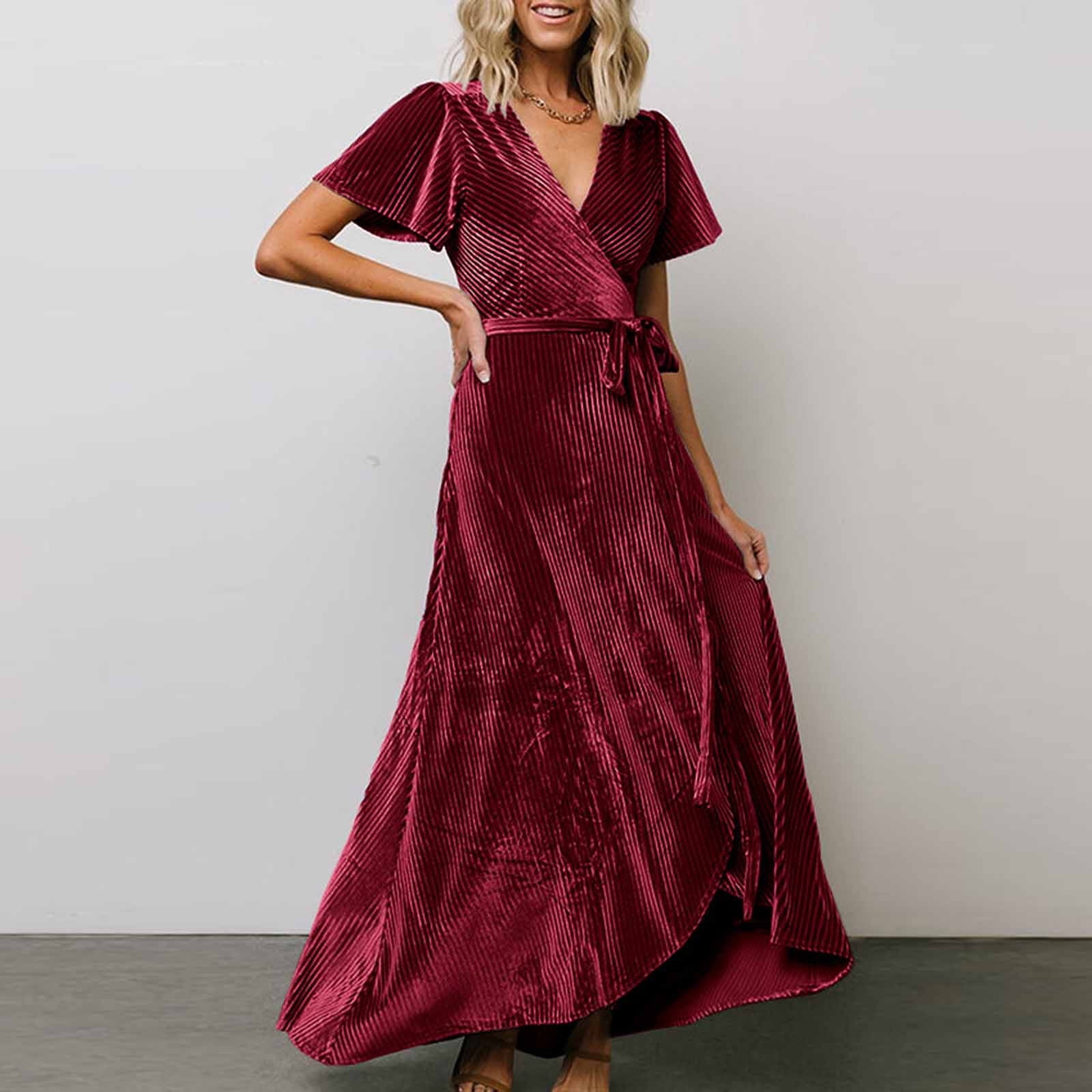 Women's Flutter Sleeve Velvet Boho Maxi Dresses V Neck Casual Wrap Swing  Formal Long Dress Cocktail Prom Evening Gown - Walmart.com