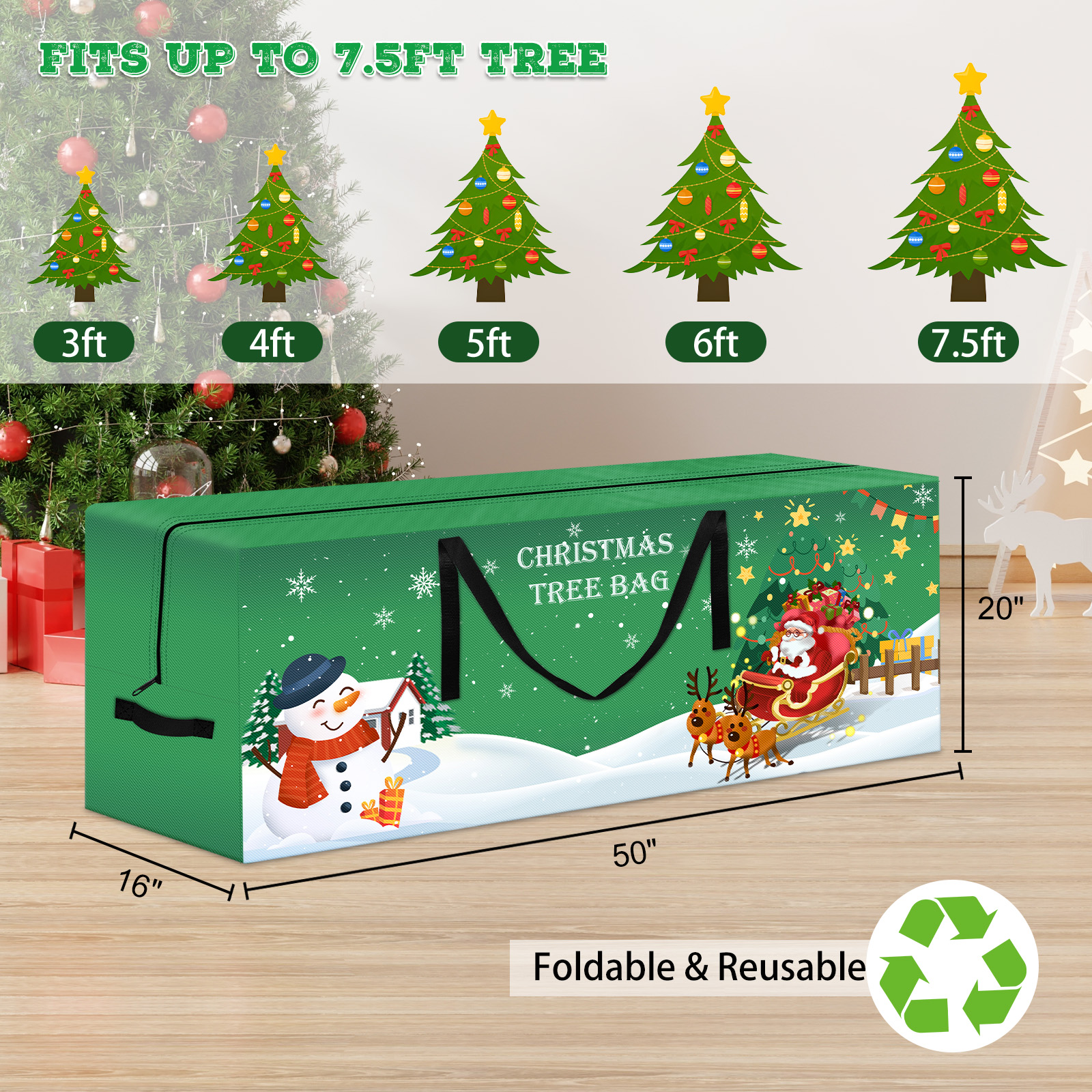 Christmas Tree Storage Bag 7.5 Ft Large Christmas Tree Bag with Reinforced Handles & Dual Zippers Wide Opening, Heavy Duty Oxford Fabric Xmas Ornament Storage Box Protects From Moisture, Dust