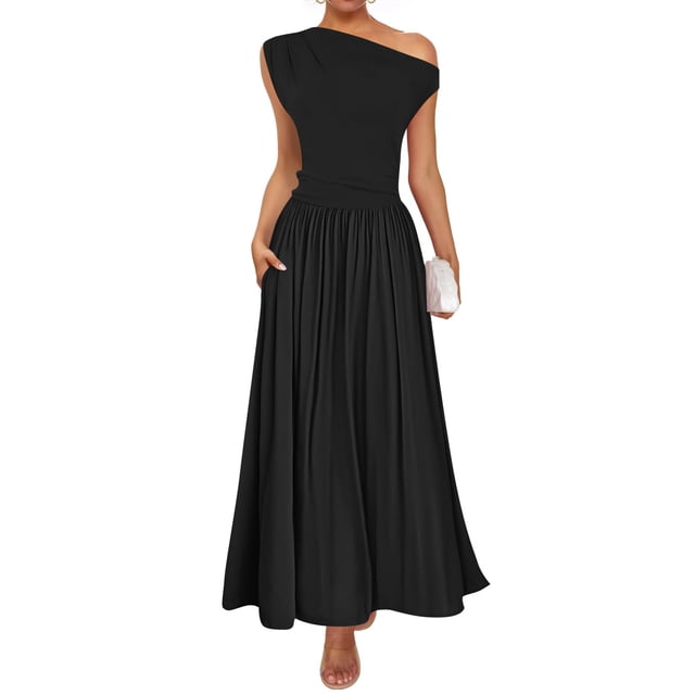 Vestido largo ZESICA Summer 2025 con un solo hombro y bolsillos negro
