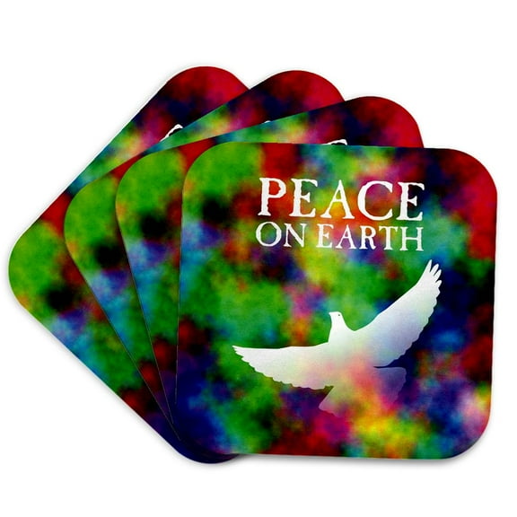 3drose, White Dove and Text Peace on Earth over Rainbow Cloudy Background, Set of 4 Coasters - Soft