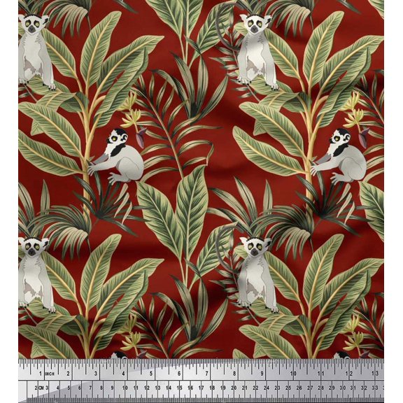 Soimoi Cotton Duck Fabric Leaves & Lemur Animal Print Fabric by The Yard 42 Inch Wide