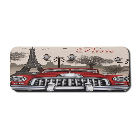 Retro Computer Mouse Pad, European Parisian City Scenery with Old Auto Mousque and Eiffel Silhouette Art, Rectangle Non-Slip Rubber Mousepad Large, 31" x 12" Gaming Size, Red Cream Grey, by Ambesonne