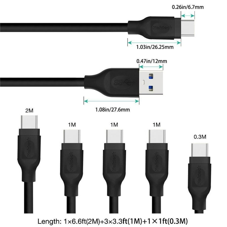 Nekteck USB C Cable, Type C to USB 3.0 Type A Male Data & Charging Cord 5  Pack[ 1ft x 1, 3ft x 3, 6ft x 1]with 56k ohm resistor Galaxy Note