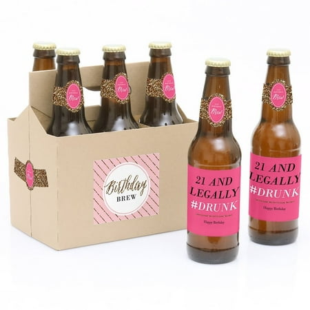 21st Birthday Cookies - Finally 21 - Girl - 6 21st Birthday Party Beer Bottle Labels with 1 Beer Carrier