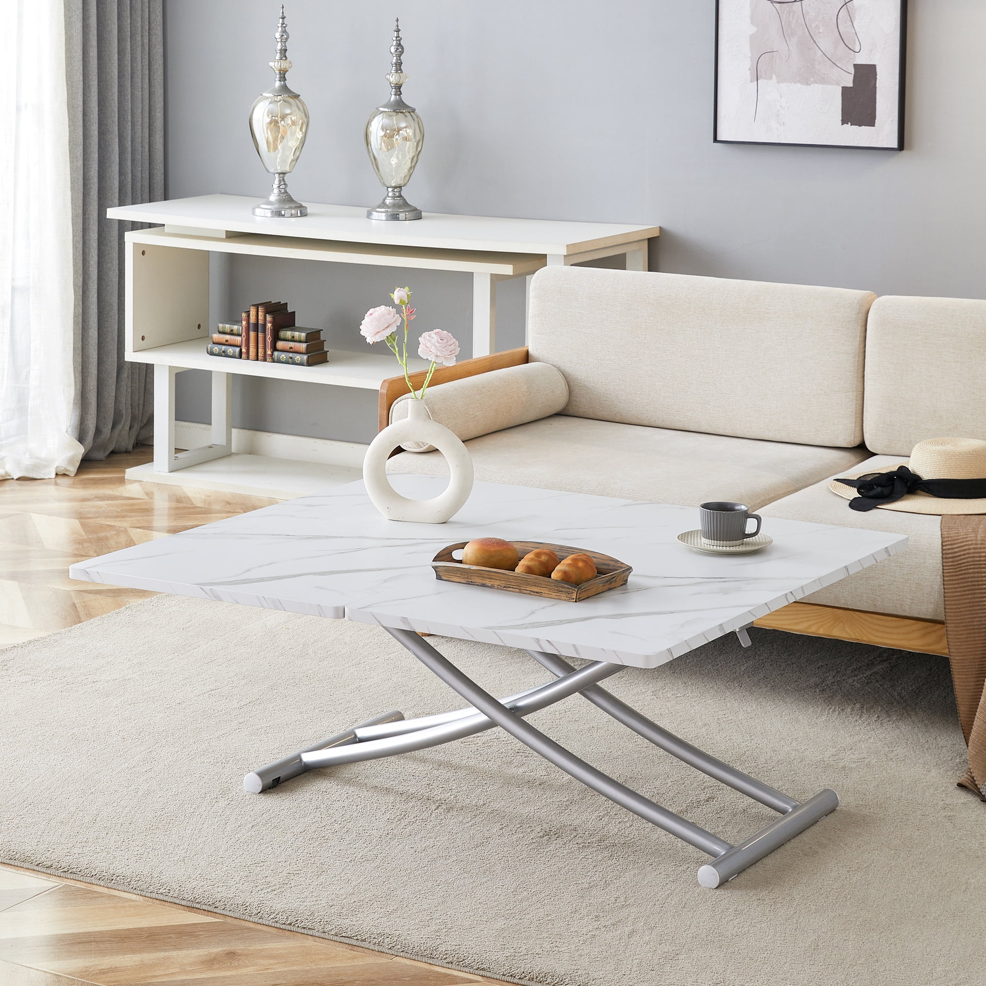 Multifunctional Lift Table With 0.8 Inch Thick Mdf Desktop And Silver Metal Legs, Can Be Used As A Dressing Table, Coffee Table, Dining Table, And Office Table.W1151126194