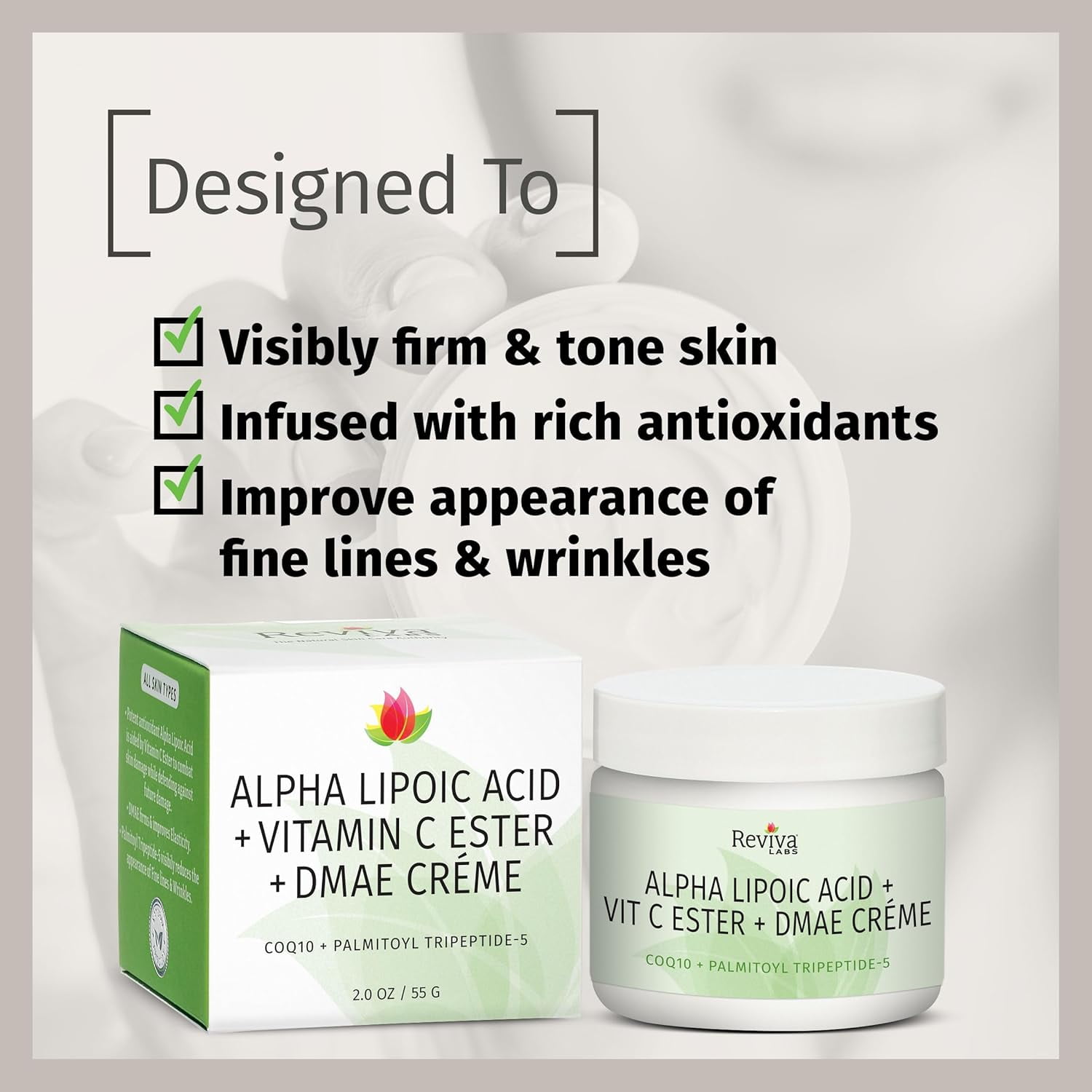 Reviva Labs DMAE Cream with Alpha Lipoic Acid, Vitamin C Ester - Skin Firming and Moisturizing Cream
