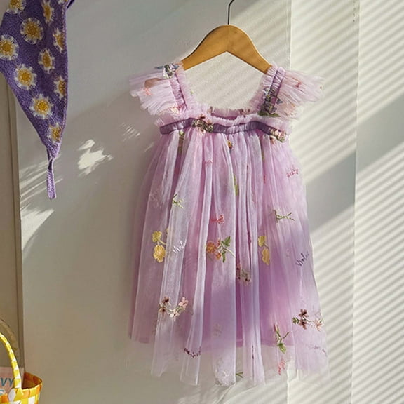 WSMEA Dresses for Girls Fancy Fly Sleeves Embroider Dance Party Floral Leotard Sun Dress