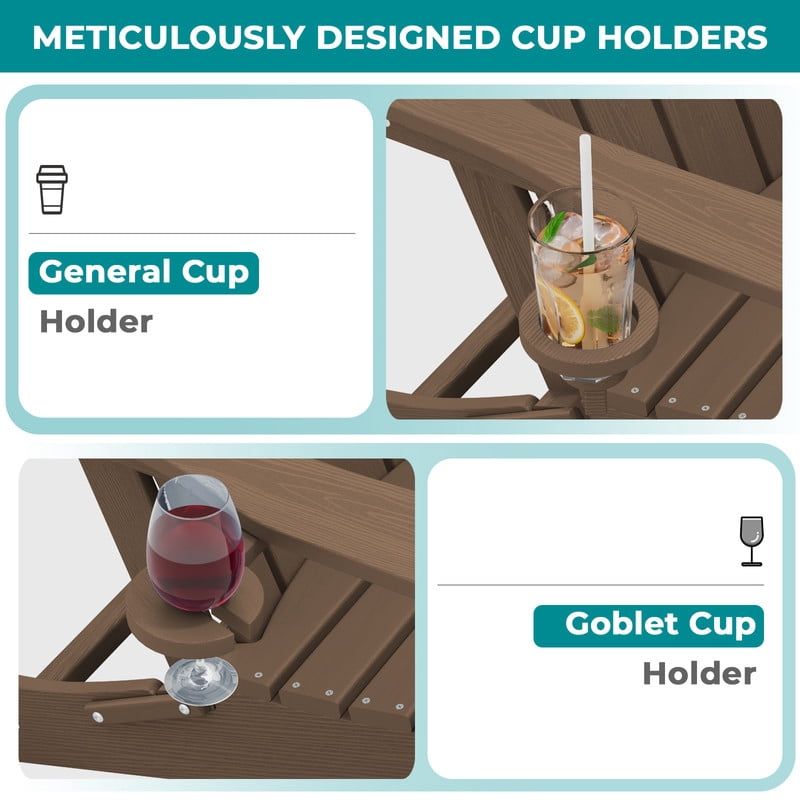 RIAFUN Outdoor Patio chair, Folding HDPE Resin Adirondack Chair with Double Cup Holder, Brown