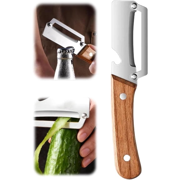 2 in 1 Multi-Functional Vegetable Peeler for Kitchen, 2026 New Stainless Steel Peeler with Bottle Opener and Wooden Handle, Kitchen Tool Peeler for Vegetable, Veggie, Fruit (Silver*1)