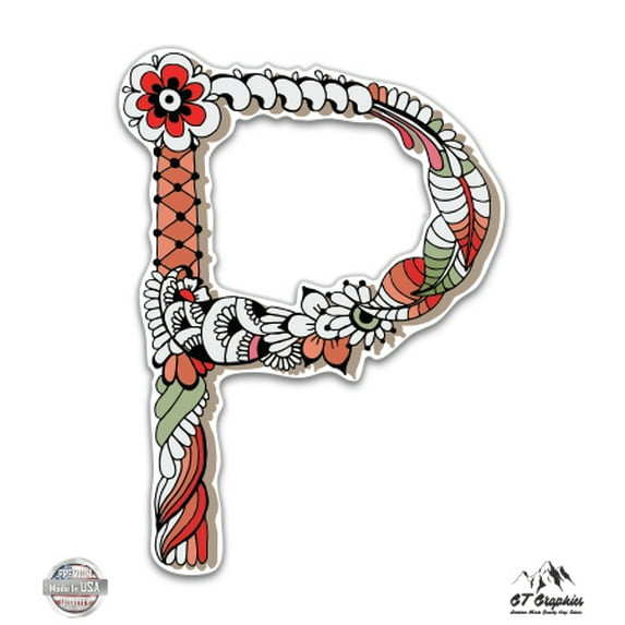 Letter P Floral Style - 3" Vinyl Sticker - For Car Laptop I-Pad Phone Helmet Hard Hat - Waterproof Decal