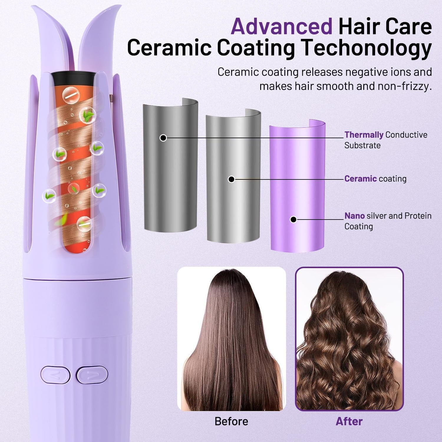 Hair Curler Automatic Rotating with 3 Temperature Sets, Anti-Scald, Anti-Tangle Auto Curling Iron Rotating, Purple