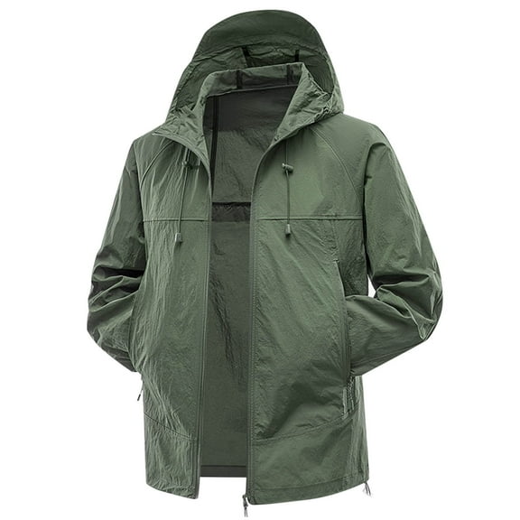Xfvqtps Mens Light Jacket Hoodie Zipper Adjustable Drawstring Sun Protection Quick Dry Summer Coat for Fishing Hiking Athletic Running Army Green