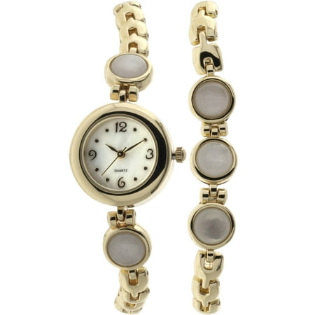 - Women's Genuine Semi-Precious Mother of Pearl and Stone Accented Round Gold-Tone Dial Watch and Bracelet Set