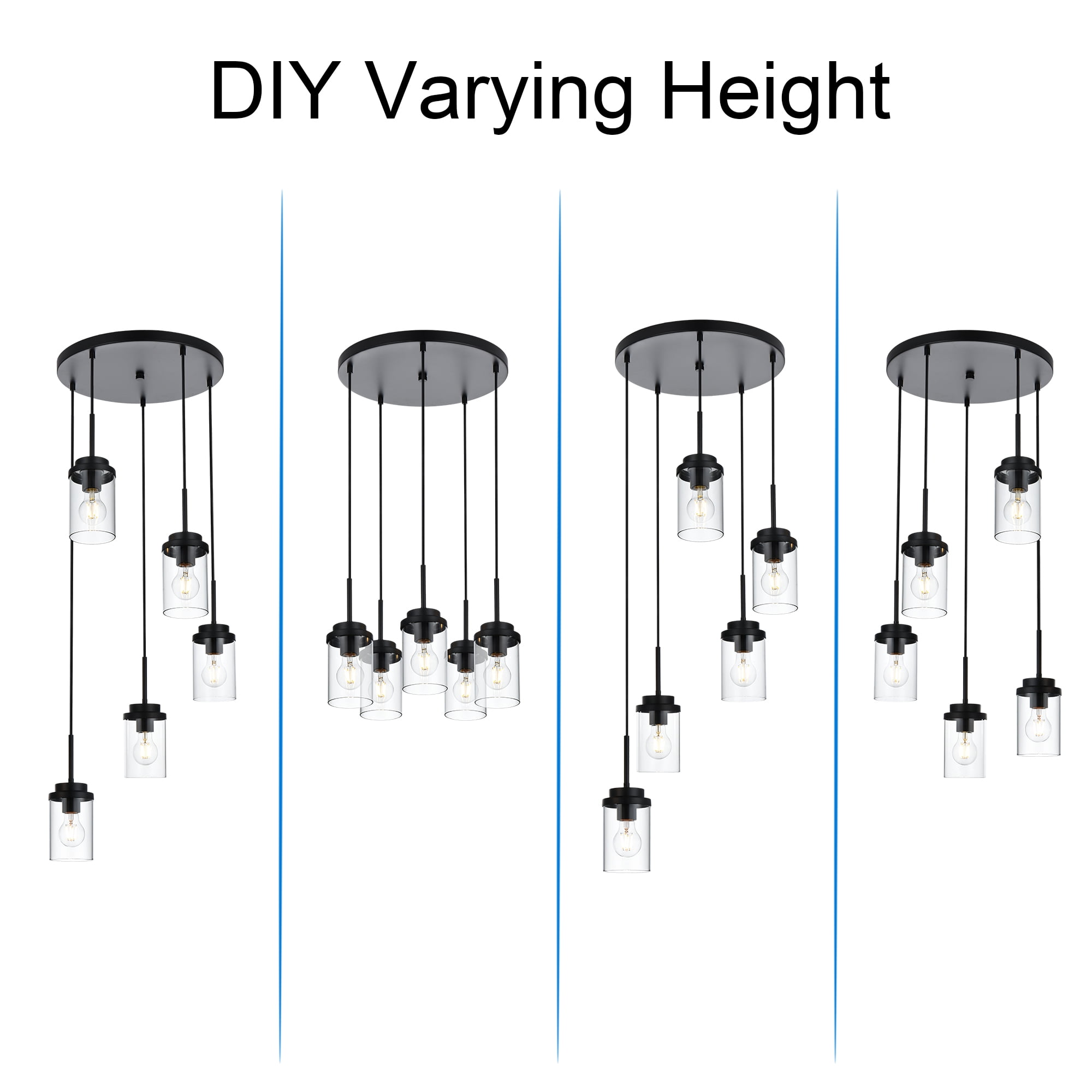 MELUCEE 5-Light Pendant Light Fixtures Ceiling Hanging Cluster Chandelier Black with Clear Glass Shade